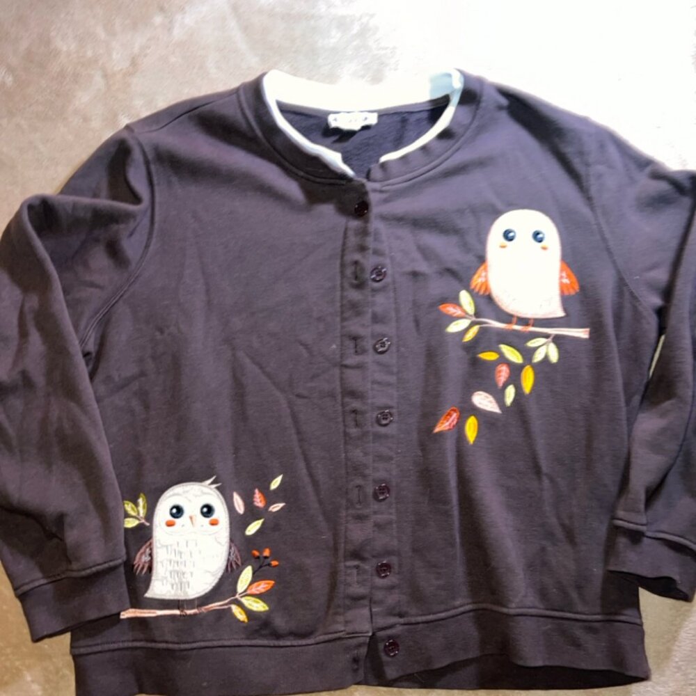 Rebecca Malone Women XL Brown Embroidered Owl Button Cardigan Cottage Sweatshirt